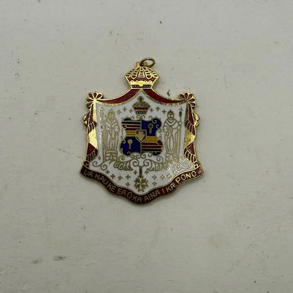 Vintage Hawaiian Coat Of Arms Enamel Pendant Jewelry Folk Art White Gold Tone - Picture 2 of 6